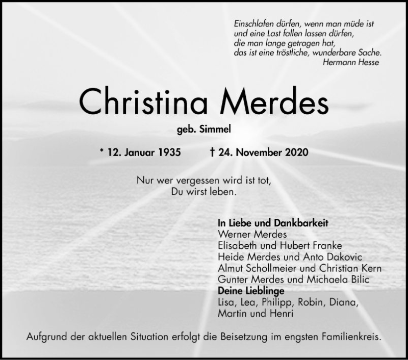  Traueranzeige für Christina Merdes vom 28.11.2020 aus Mannheimer Morgen
