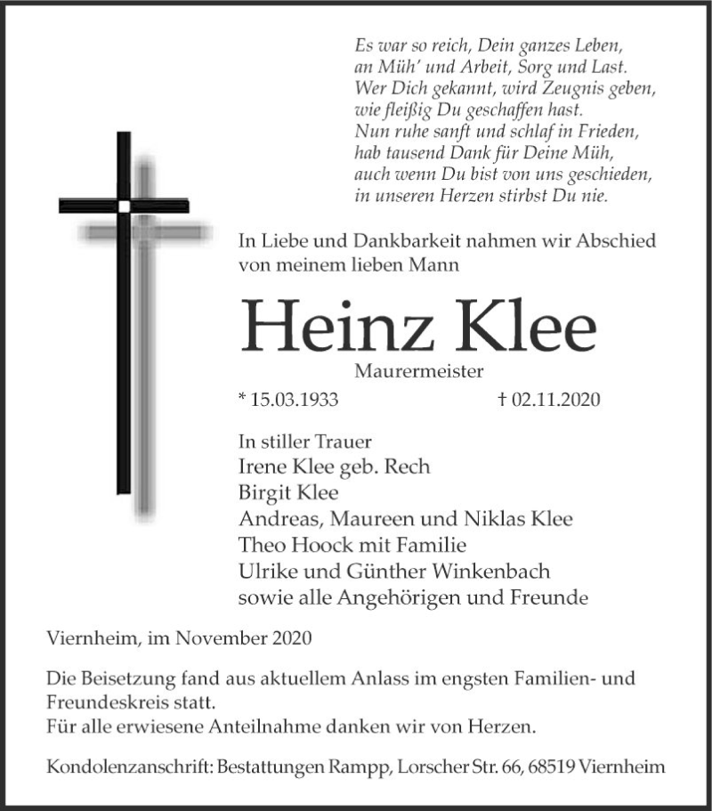  Traueranzeige für Heinz Klee vom 14.11.2020 aus Südhessen Morgen