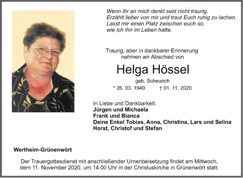  Traueranzeige für Helga Hössel vom 07.11.2020 aus Fränkische Nachrichten