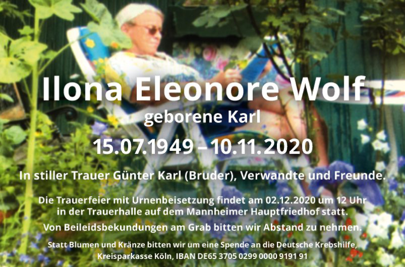  Traueranzeige für Ilona Wolf vom 28.11.2020 aus Mannheimer Morgen