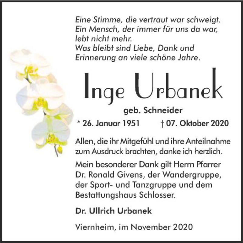  Traueranzeige für Inge Urbanek vom 21.11.2020 aus Südhessen Morgen