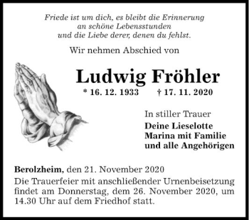 Traueranzeige von Ludwig Fröhler von Fränkische Nachrichten