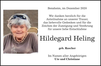 Traueranzeige von Hildegard Heling von Bergsträßer Anzeiger