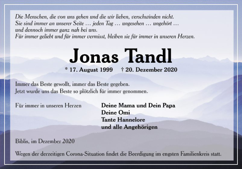 Traueranzeige für Jonas Tandl vom 23.12.2020 aus Südhessen Morgen