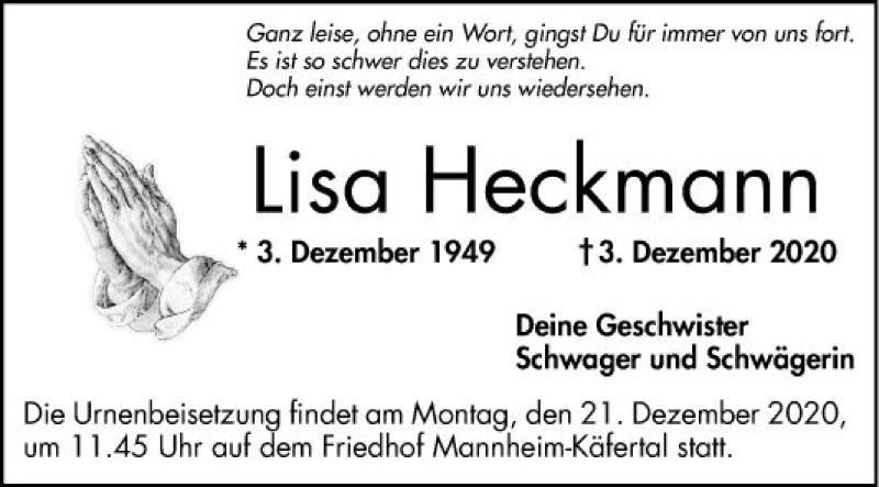 Traueranzeige für Lisa Heckmann vom 17.12.2020 aus Mannheimer Morgen