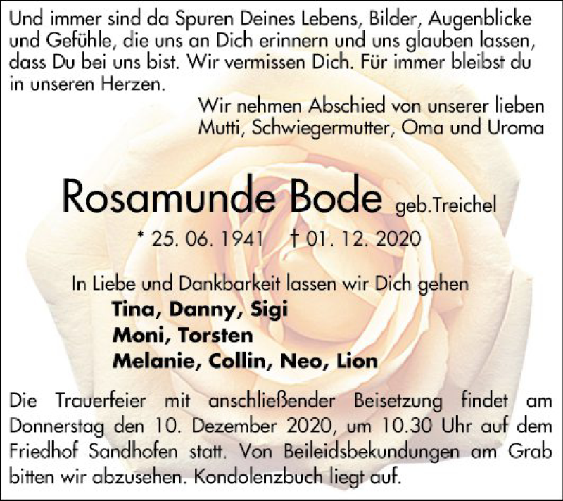  Traueranzeige für Rosamunde Bode vom 05.12.2020 aus Mannheimer Morgen