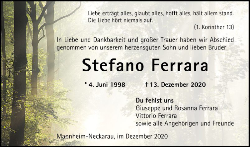  Traueranzeige für Stefano Ferrara vom 19.12.2020 aus Mannheimer Morgen