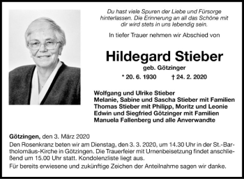 Traueranzeige von Hildegard Stieber von Fränkische Nachrichten
