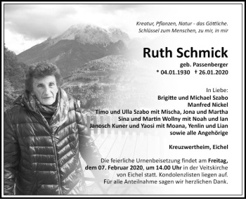Traueranzeige von Ruth Schmick von Fränkische Nachrichten