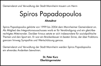 Traueranzeige von Spiros Papadopoulos von Mannheimer Morgen