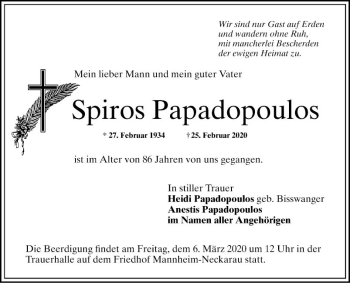 Traueranzeige von Spiros Papadopoulos von Mannheimer Morgen