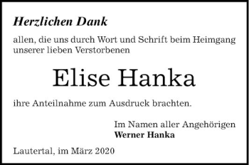 Traueranzeige von Elise Hanka von Bergsträßer Anzeiger