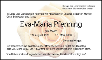 Traueranzeige von Eva-Maria Pfenning von Mannheimer Morgen