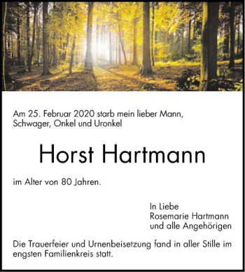 Traueranzeige von Horst Hartmann von Schwetzinger Zeitung