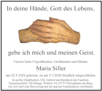 Traueranzeige von Maria Silier von Bergsträßer Anzeiger