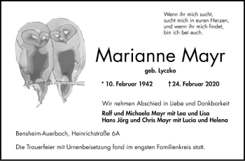 Traueranzeige von Marianne Mayr von Bergsträßer Anzeiger