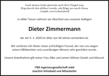 Traueranzeige von Dieter Zimmermann von Fränkische Nachrichten