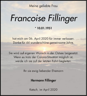Traueranzeige von Francoise Fillinger von Schwetzinger Zeitung
