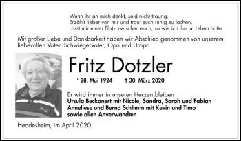 Traueranzeige von Fritz Dotzler von Mannheimer Morgen