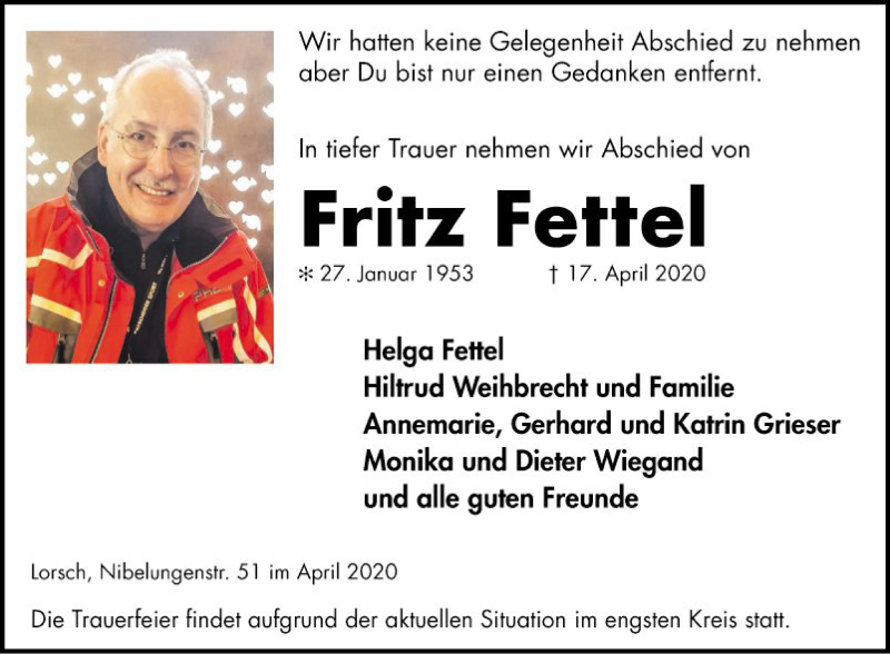  Traueranzeige für Fritz Fettel vom 25.04.2020 aus Bergsträßer Anzeiger
