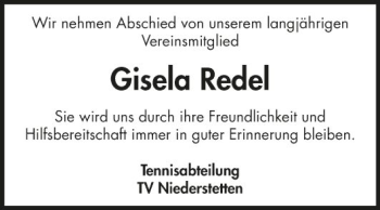 Traueranzeige von Gisela Redel von Fränkische Nachrichten