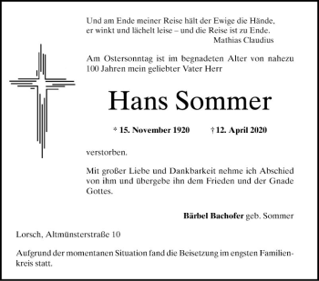 Traueranzeige von Hans Sommer von Bergsträßer Anzeiger