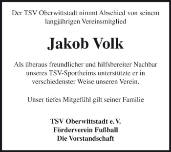 Traueranzeige von Jakob Volk von Fränkische Nachrichten