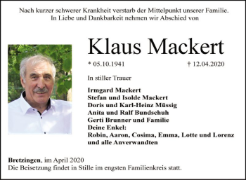 Traueranzeige von Klaus Mackert von Fränkische Nachrichten