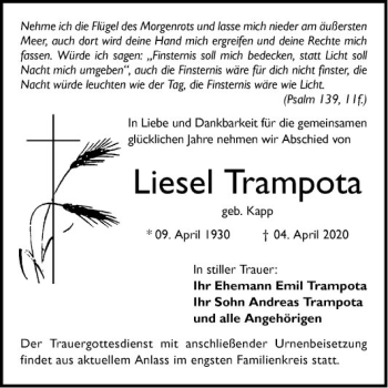 Traueranzeige von Liesel Trampota von Schwetzinger Zeitung