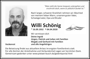 Traueranzeige von Willi Schönig von Fränkische Nachrichten