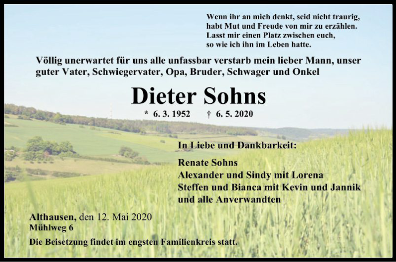  Traueranzeige für Dieter Sohns vom 12.05.2020 aus Fränkische Nachrichten