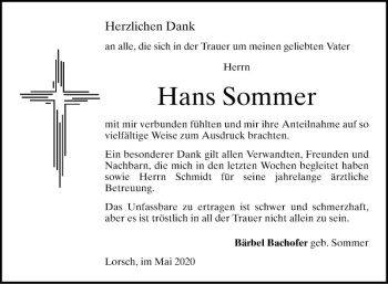 Traueranzeige von Hans Sommer von Bergsträßer Anzeiger