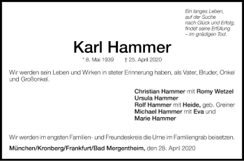 Traueranzeige von Karl Hammer von Fränkische Nachrichten