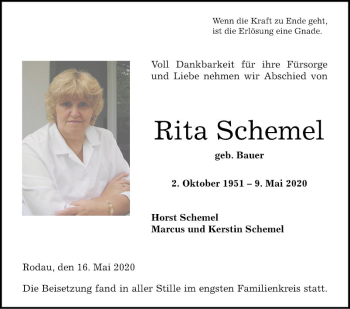 Traueranzeige von Rita Schemel von Bergsträßer Anzeiger