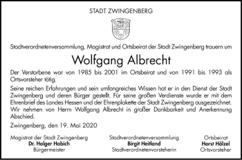 Traueranzeige von Wolfgang Albrecht von Bergsträßer Anzeiger