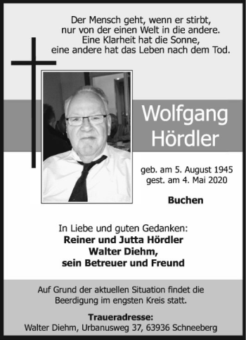 Traueranzeige von Wolfgang Hördler von Fränkische Nachrichten
