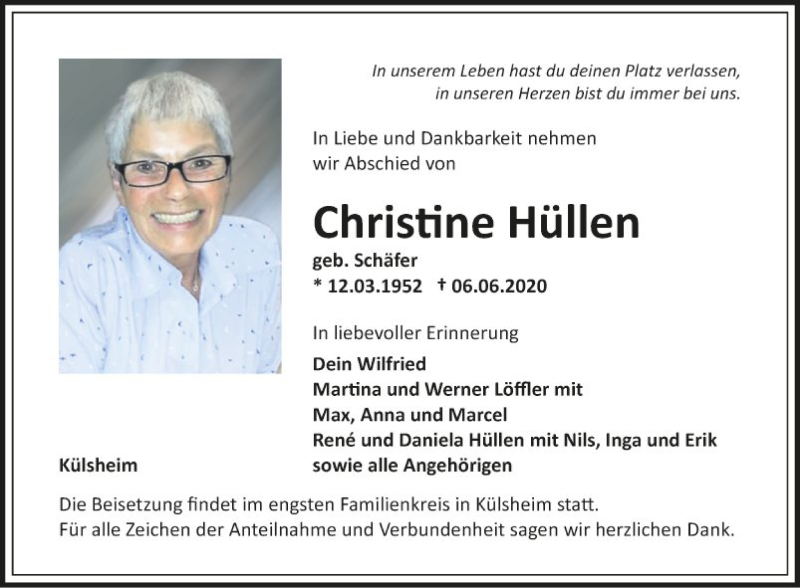  Traueranzeige für Christine Hüllen vom 10.06.2020 aus Fränkische Nachrichten