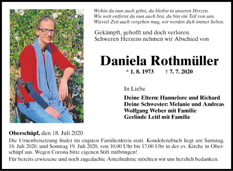  Traueranzeige für Daniela Rothmüller vom 18.07.2020 aus Fränkische Nachrichten