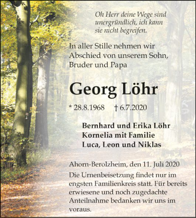  Traueranzeige für Georg Löhr vom 11.07.2020 aus Fränkische Nachrichten