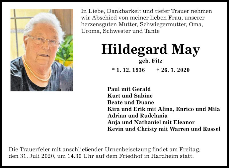  Traueranzeige für Hildegard May vom 29.07.2020 aus Fränkische Nachrichten
