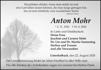 Traueranzeige von Anton Mohr von Fränkische Nachrichten
