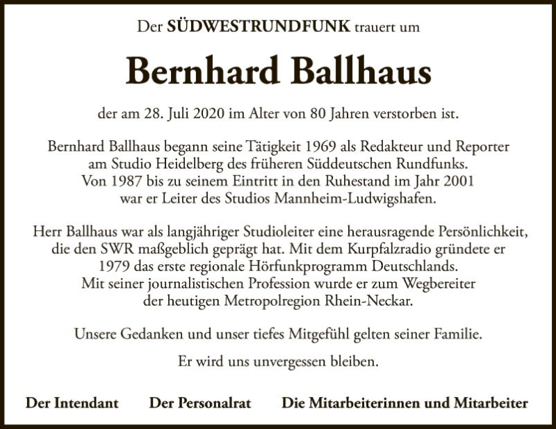  Traueranzeige für Bernhard Ballhaus vom 01.08.2020 aus Mannheimer Morgen
