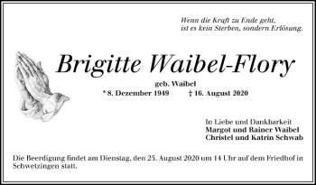 Traueranzeige von Brigitte Waibel-Flory von Schwetzinger Zeitung