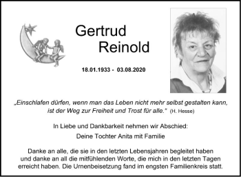 Traueranzeige von Gertrud Reinold von Fränkische Nachrichten
