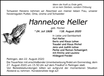 Traueranzeige von Hannelore Keller von Schwetzinger Zeitung