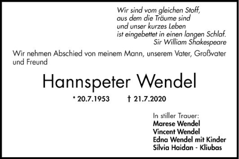  Traueranzeige für Hannspeter Wendel vom 01.08.2020 aus Mannheimer Morgen