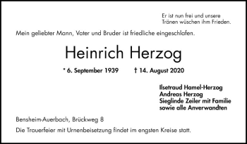 Traueranzeige von Heinrich Herzog von Bergsträßer Anzeiger