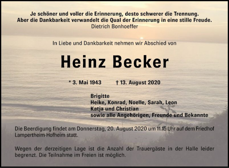  Traueranzeige für Heinz Becker vom 18.08.2020 aus Südhessen Morgen