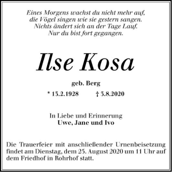 Traueranzeige von Ilse Rosa von Schwetzinger Zeitung