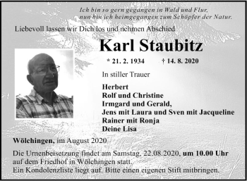 Traueranzeige von Karl Staublitz von Fränkische Nachrichten